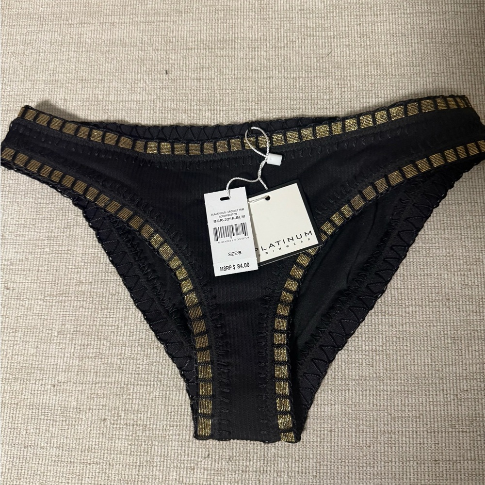 Platinum Swimwear Black and Gold Swim Bottoms Small NWT
